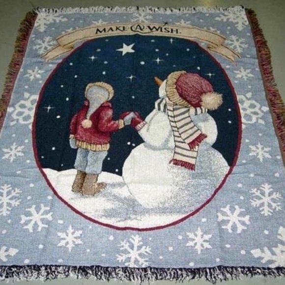 Make a wish Snowman & Child Tapestry Afghan blanket - Picture 2 of 4